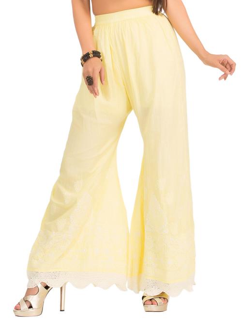 Pastel Yellow Cotton Chikankari Embroidered Palazzos - 11552286 - Very Small Image - 1