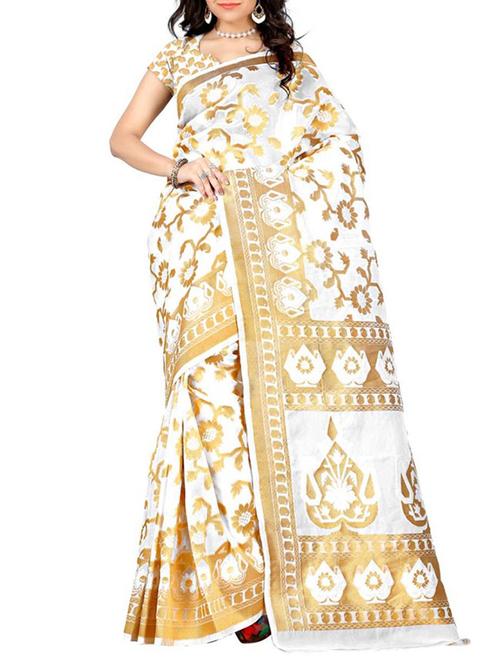white organza silk kasavu saree with blouse - 11553543 - Very Small Image - 1