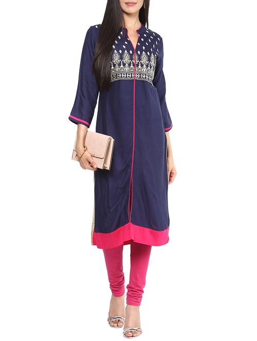 navy blue embroidered rayon kurta - 11553912 - Very Small Image - 1