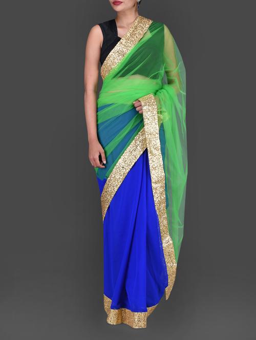 blue and green sequined net saree - 1156219 - Very Small Image - 1