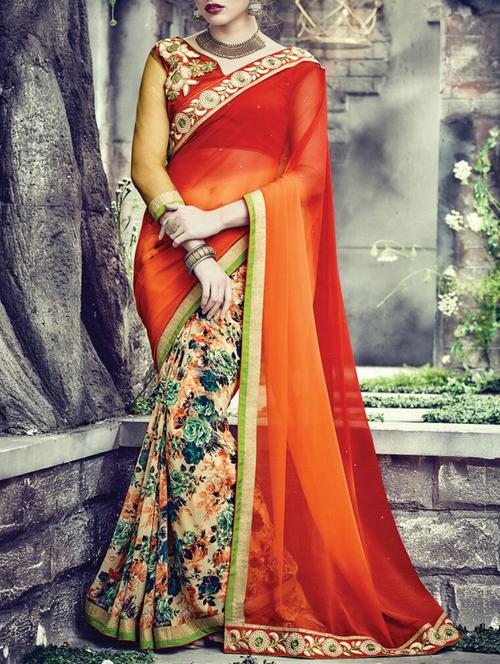 orange georgette saree - 11569297 - Very Small Image - 1