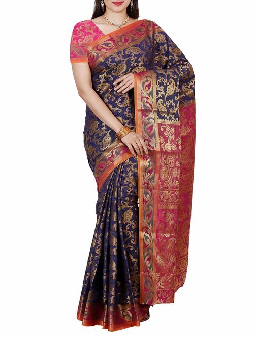 women's self design navy blue colored saree with blouse - 11578032 - Very Small Image - 1