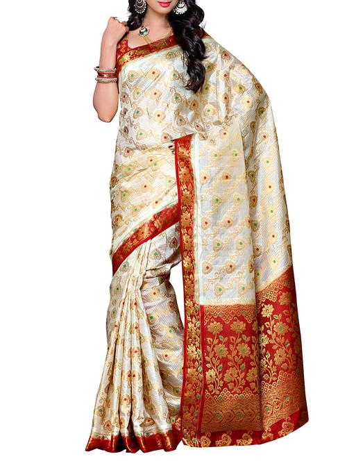 white silk blend saree with blouse - 11578203 - Very Small Image - 1