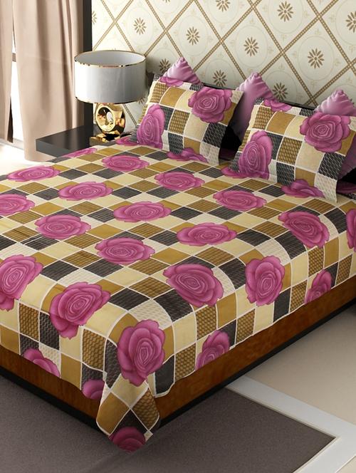 checks & purple floral double bed sheet with 2 pillow covers - 11579066 - Very Small Image - 1