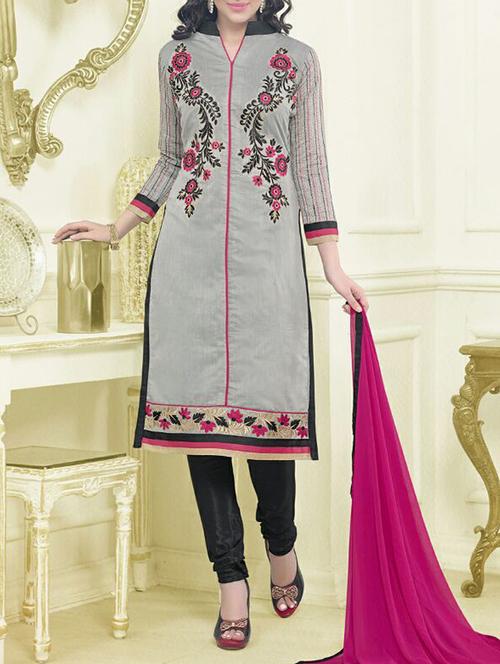 grey chanderi cotton unstitched suit - 11580158 - Very Small Image - 1