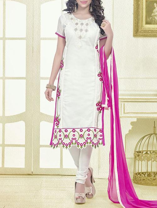 white chanderi cotton unstitched suit - 11580166 - Very Small Image - 1