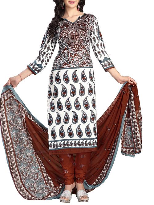 white cotton printed unstitched suit set - 11583598 - Very Small Image - 1