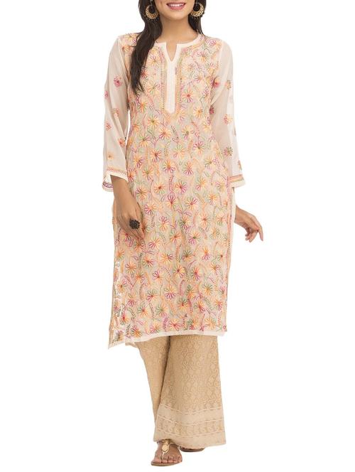 Cream Chikankari Embroidered Georgette Kurta - 11583610 - Very Small Image - 1
