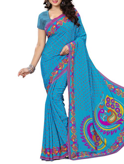 blue crepe saree with blouse - 11584033 - Very Small Image - 1
