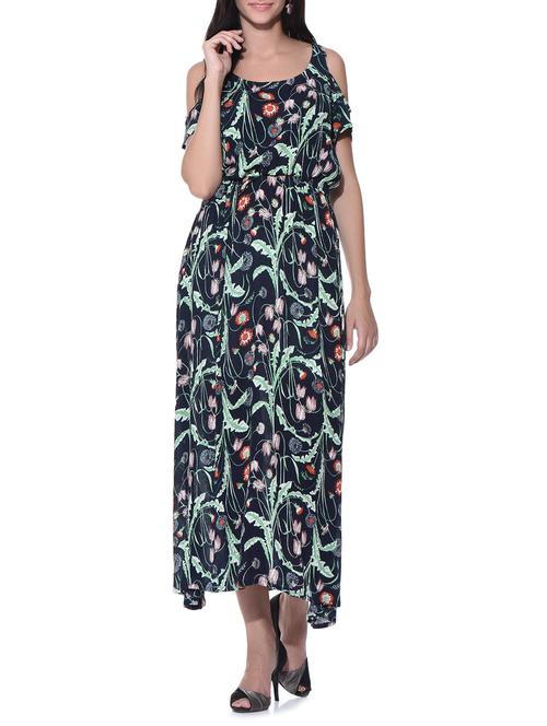 navy blue printed cold shoulder midi dress - 11588466 - Very Small Image - 1