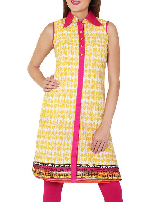 yellow cotton printed shirt collar kurta - 11588742 - Very Small Image - 1