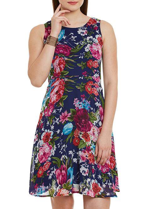 navy blue printed georgette a-line dress - 11592582 - Very Small Image - 1
