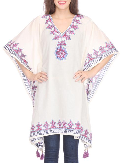 White hand block print cotton kaftan - 11593773 - Very Small Image - 1