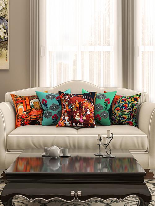multicoloued cotton printed cushion cover (set of 5) - 11599549 - Very Small Image - 1