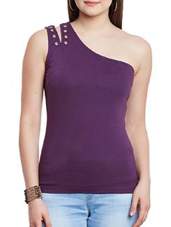 solid purple cotton single shoulder top - 11615646 - Very Small Image - 1