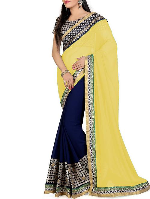 yellow and navy blue georgette embroidered half and half saree with blouse - 11622339 - Very Small Image - 1