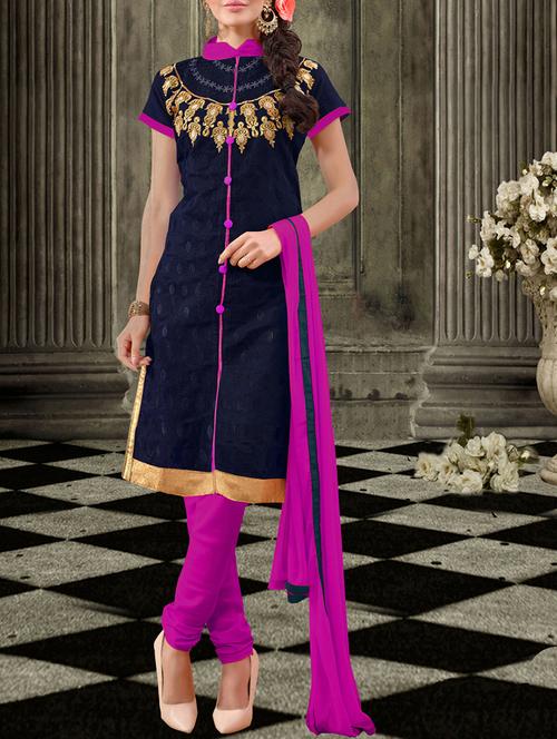 navy blue cotton embroidered unstitched suit set - 11631424 - Very Small Image - 1