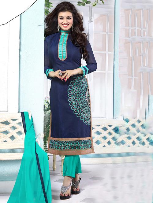 navy blue cotton embroidered unstitched suit set - 11631446 - Very Small Image - 1
