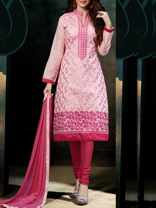pink chanderi embroidered unstitched suit set - 11631471 - Very Small Image - 1