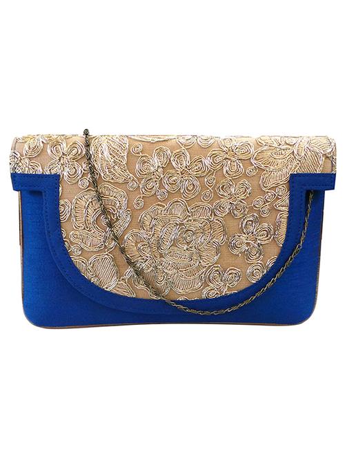 dark blue and biege silk embroidered clutch - 11669267 - Very Small Image - 1