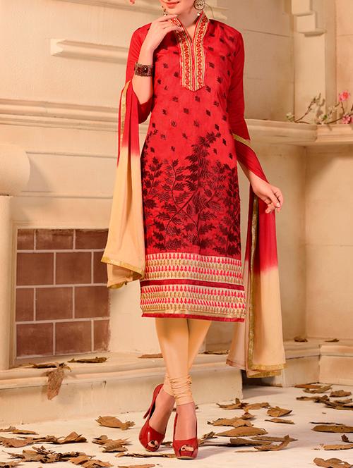 red chanderi cotton unstitched suit - 11671205 - Very Small Image - 1