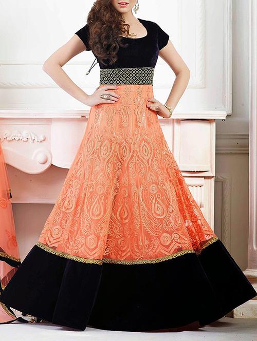 peach embroidered georgette un-stitched suit set - 11674448 - Very Small Image - 1