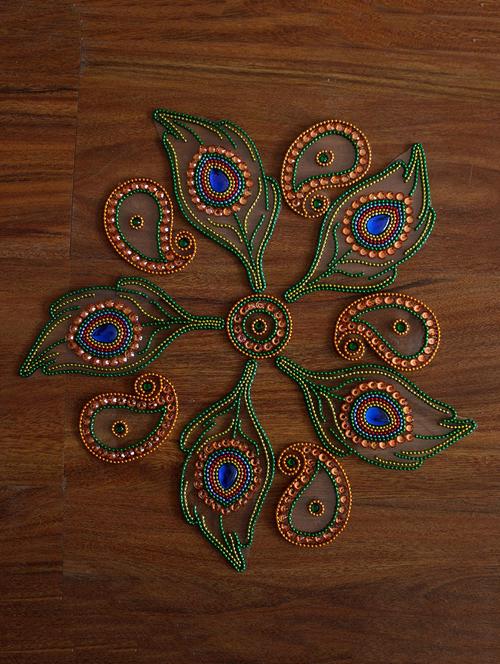 multicolour mor pankh style crystal floor rangoli - 1168433 - Very Small Image - 1