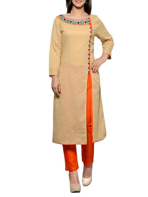 beige cotton high slit kurta - 11698402 - Very Small Image - 1