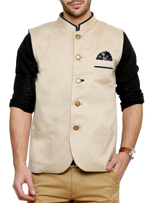 solid beige cotton nehru jacket - 11704586 - Very Small Image - 1