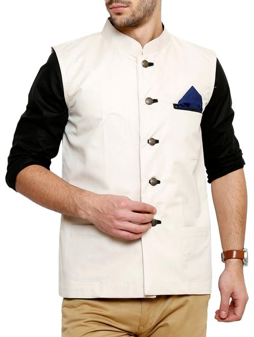 solid cream cotton nehru jacket - 11704596 - Very Small Image - 1