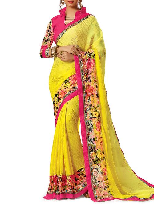 yellow georgette lace bordered printed saree with blouse - 11706919 - Very Small Image - 1