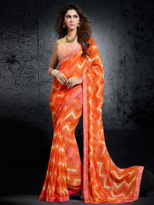 women's chevron orange colored saree - 11714731 - Very Small Image - 1