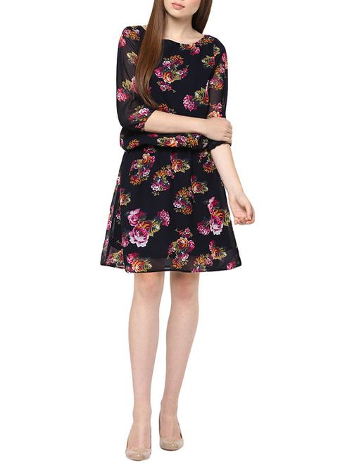 navy blue floral printed georgette dress - 11716398 - Very Small Image - 1