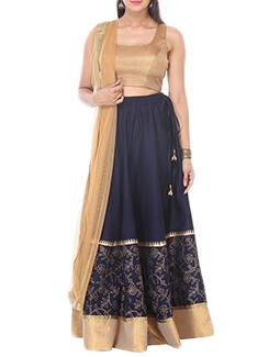 Navy blue silk flared unstitched lehenga - 11718193 - Very Small Image - 1