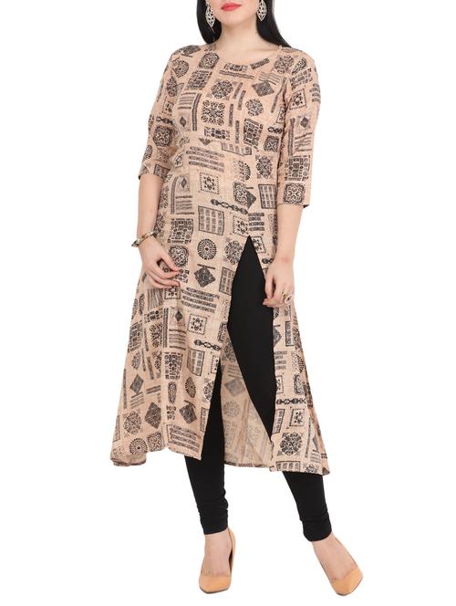 beige rayon printed high slit kurta - 11725554 - Very Small Image - 1