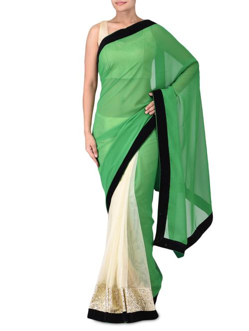 green and beige georgette net saree with sequin hem - 1174031 - Very Small Image - 1