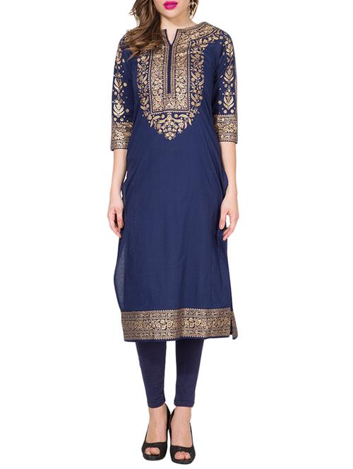 navy blue printed cotton straight kurta - 11741576 - Very Small Image - 1