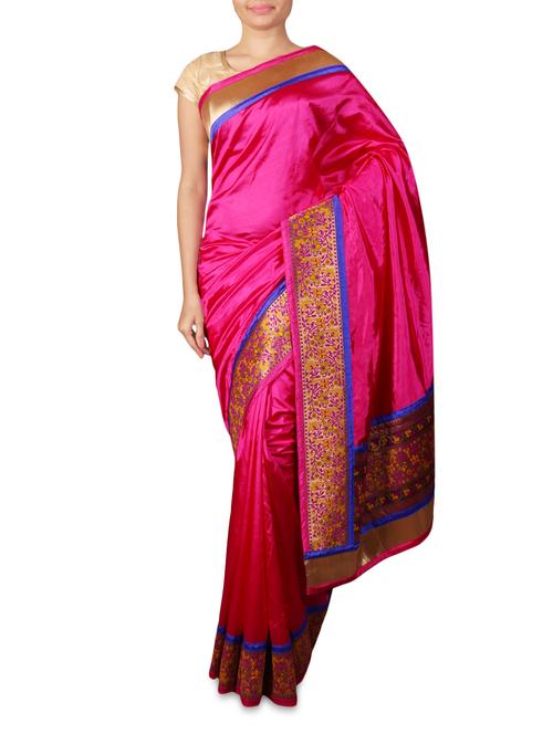 solid pink saree with floral border - 1175646 - Very Small Image - 1