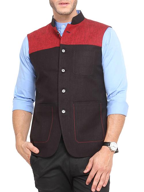 black color block nehru jacket - 11757439 - Very Small Image - 1