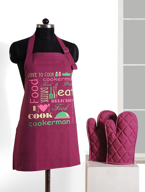 set of 3 maroon and cream colour printed cotton kitchen - 11758374 - Very Small Image - 1