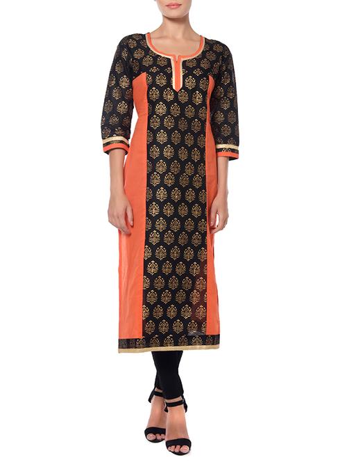 black cotton a-line kurta - 11766957 - Very Small Image - 1