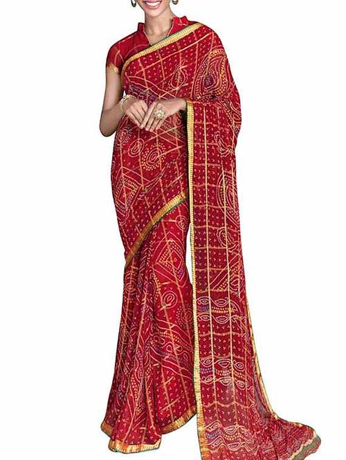 red chiffon jaipuri print saree with blouse - 11767417 - Very Small Image - 1