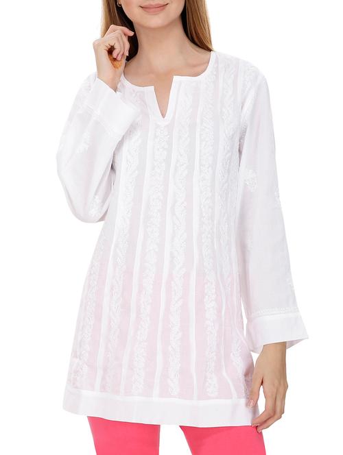 white cotton embroidered a-line kurti - 11769905 - Very Small Image - 1