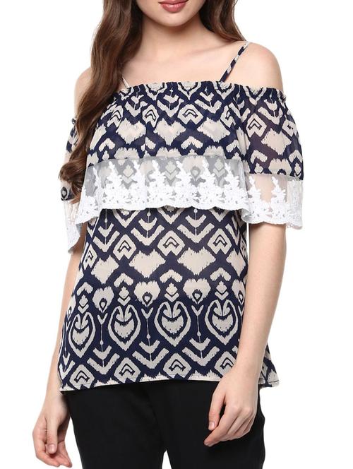 navy blue printed georgette off-shoulder top - 11785121 - Very Small Image - 1
