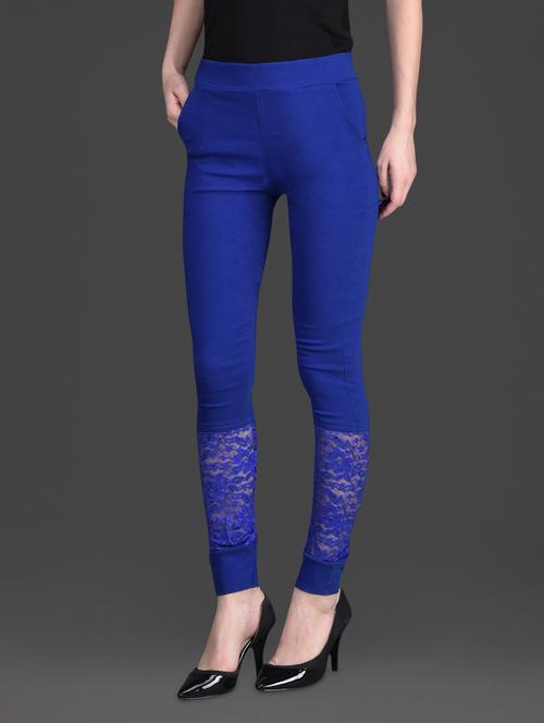solid color lacy bottom high waist blue jeggings - 1178659 - Very Small Image - 1
