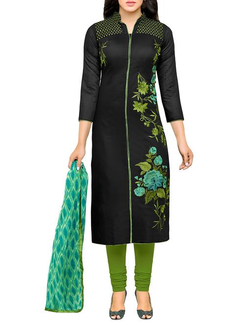 black cotton blend embroidered unstitched suit set - 11787650 - Very Small Image - 1