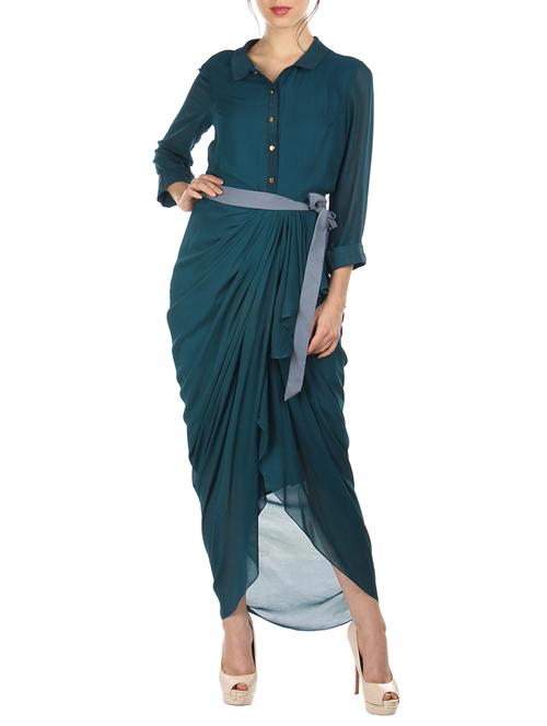 teal dhoti style dress with tie up belt - 11788389 - Very Small Image - 1
