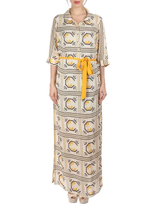 cream printed maxi shirt dress with contrast waist belt - 11788391 - Very Small Image - 1