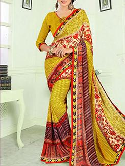yellow art silk printed saree with blouse - 11790467 - Very Small Image - 1