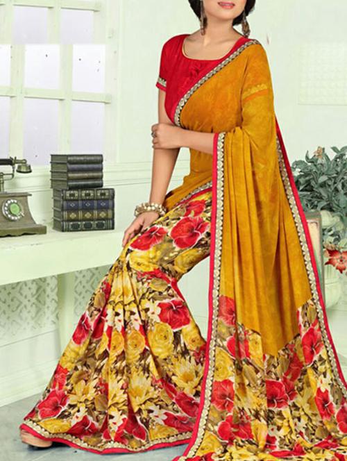 yellow art silk floral print  saree with blouse - 11790479 - Very Small Image - 1